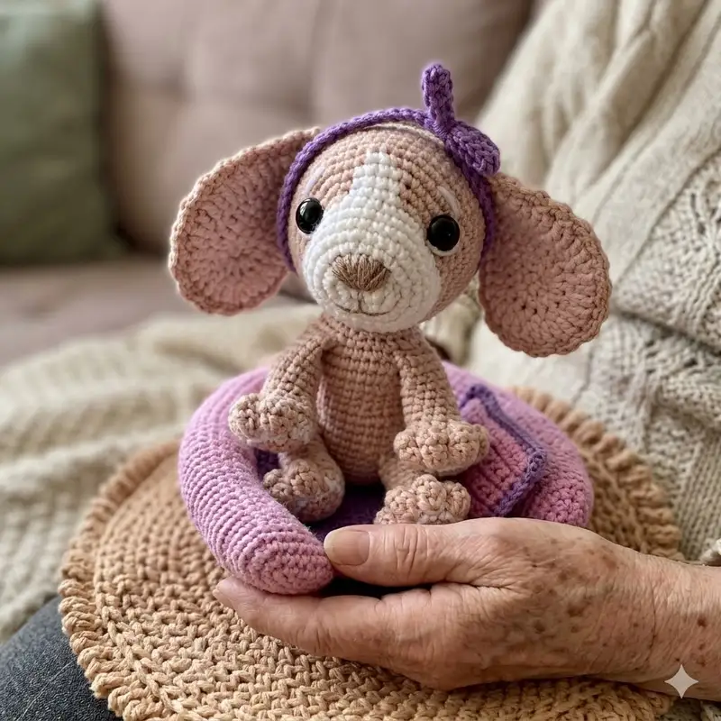Complimentary Intermediate crochet pattern: Spaniel in a Dog Bed Amigurumi Pattern - Simple to follow guide