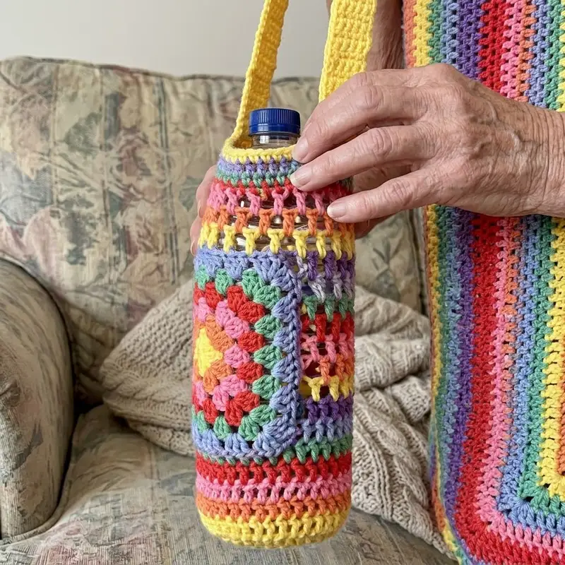 Quality crochet pattern: Granny Square Pocket Bottle Holder Pattern - Beginner Friendly level guide with complete instructions