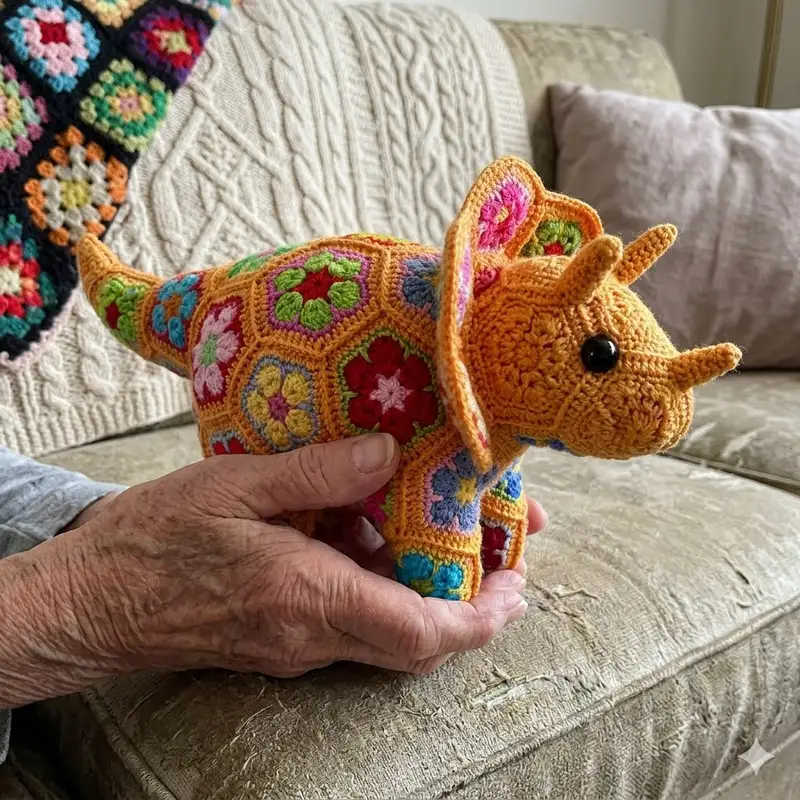 Complimentary Intermediate crochet pattern: Plod the African Flower Triceratops Amigurumi Pattern - Simple to follow guide